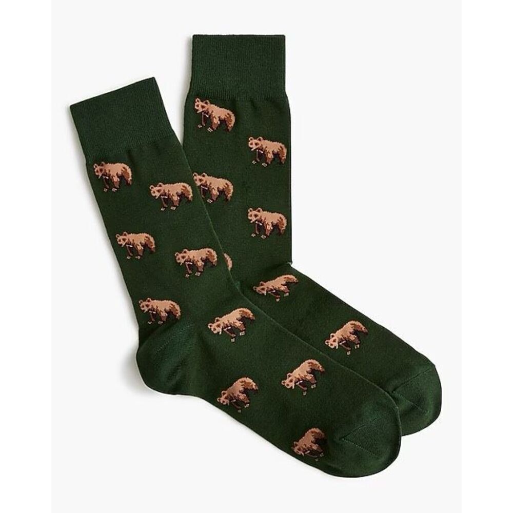 J.Crew Men’s Bear Crew Socks Hunter Green Novelty Animal New with Tags